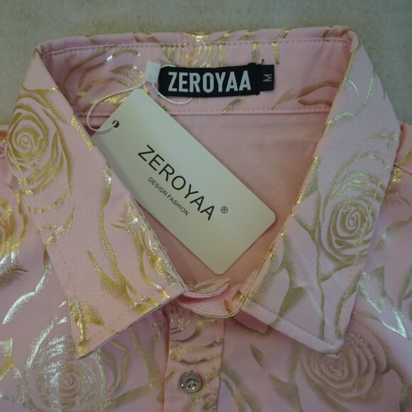 New! ZEROYAA Men's Medium Pink Floral Button-Down Shirt (Gold Rose) - Picture 6 of 7